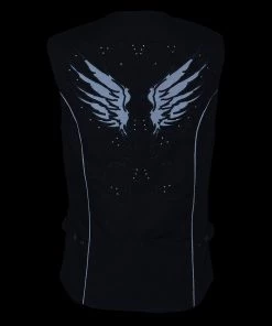 Vest With Patches Milwaukee Leather SH1955 Ladies Black Textile Vest With Wing Embroidery