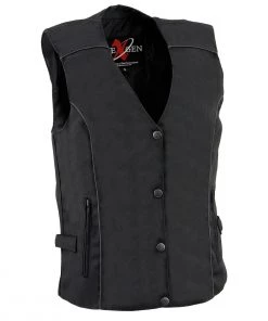 Vest With Patches Milwaukee Leather SH1955 Ladies Black Textile Vest With Wing Embroidery