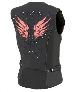 Milwaukee Leather SH1955 Ladies Black And Red Textile Vest With Wing Embroidery