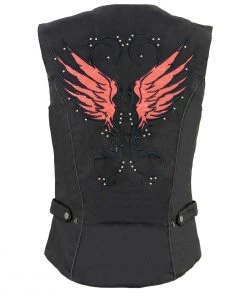 Milwaukee Leather SH1955 Ladies Black And Red Textile Vest With Wing Embroidery