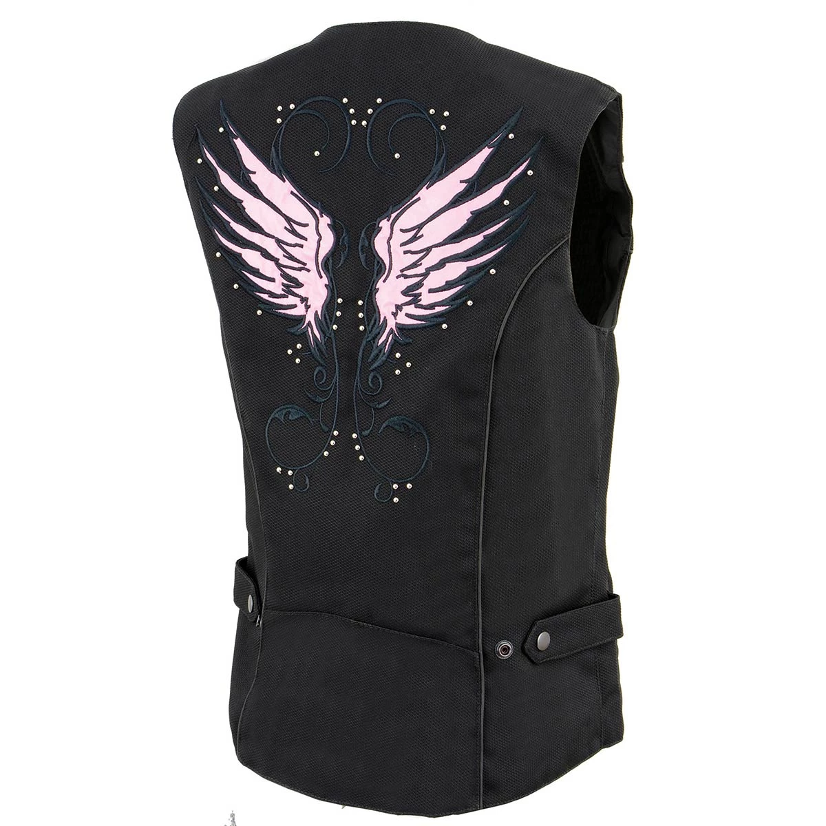 Milwaukee Leather SH1955 Ladies Black And Pink Textile Vest With Wing Embroidery Vest With Patches