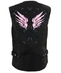 Milwaukee Leather SH1955 Ladies Black And Pink Textile Vest With Wing Embroidery Vest With Patches