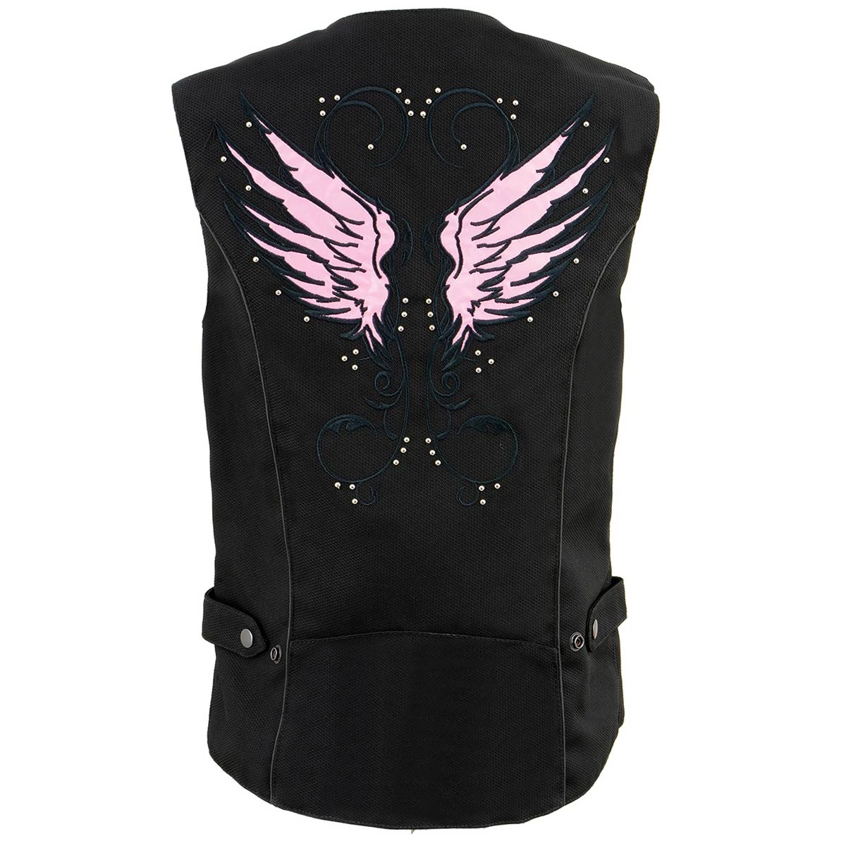 Milwaukee Leather SH1955 Ladies Black And Pink Textile Vest With Wing Embroidery Vest With Patches