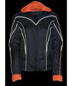 NexGen SH1960 Women's Black Hooded Textile Jacket With Reflective Piping Motorcycle Jackets