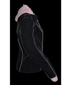 Motorcycle Jackets NexGen SH1966 Ladies Black And Pink 3/4 Jacket With Reflective Tribal And Hoodie