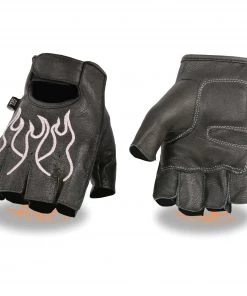 Riding Gear Xelement XG198 Men's 'Flamed' Embroidered Fingerless Black And Pink Leather Gloves