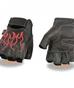 Milwaukee Leather SH198 Men's Black And Red Flamed Embroidered Fingerless Leather Gloves
