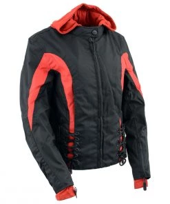 NexGen SH1998 Ladies Red And Black Textile Racer Jacket With Removable Hoodie Motorcycle Jackets