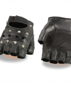 Milwaukee Leather SH211 Men's 'Studded' Black Leather Fingerless Gloves With Padded Palms Riding Gear