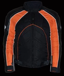Motorcycle Jackets NexGen SH2153 Men's Black And Orange Armored Moto Textile And Leather Combo Jacket