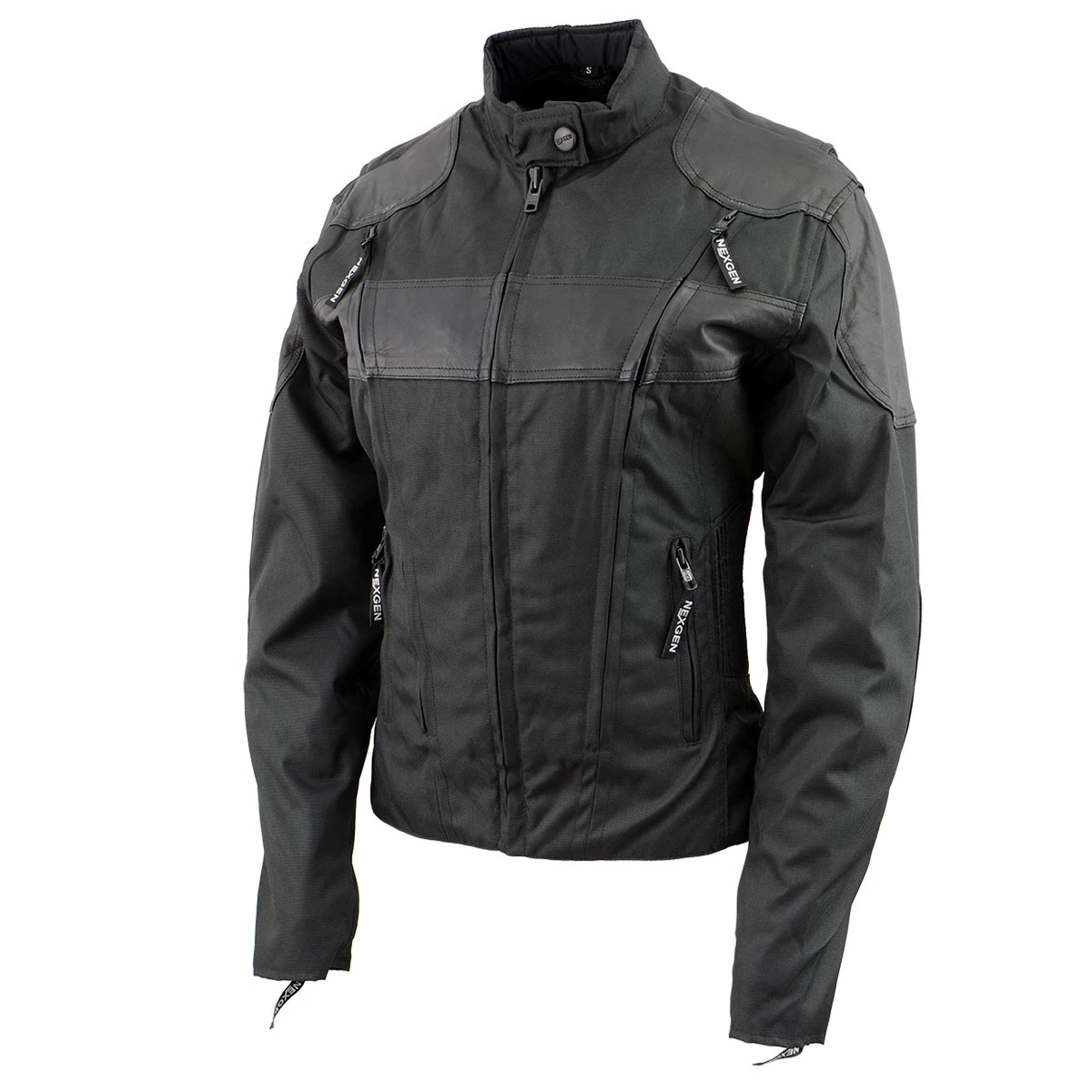 Motorcycle Jackets NexGen SH2179 Ladies Black Leather And Textile Vented Racer Jacket