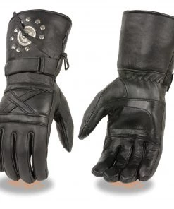 Milwaukee Leather SH231 Men's Black Leather Gauntlet Gloves With Studs And Conchos Riding Gear