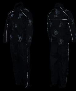 NexGen SH2334 Men’s Black Water Proof Rain Suit With Reflective Flame Skull Design Riding Gear