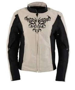 Milwaukee Leather SH2366 Ladies'Reflective Tribal' Black And Cream Armored Textile Jacket Motorcycle Jackets