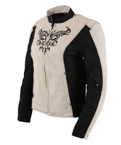 Milwaukee Leather SH2366 Ladies'Reflective Tribal' Black And Cream Armored Textile Jacket Motorcycle Jackets