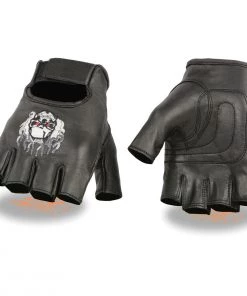 Xelement XG351 Men's Black 'Fire Skull' Embroidered Leather Fingerless Gloves Riding Gear
