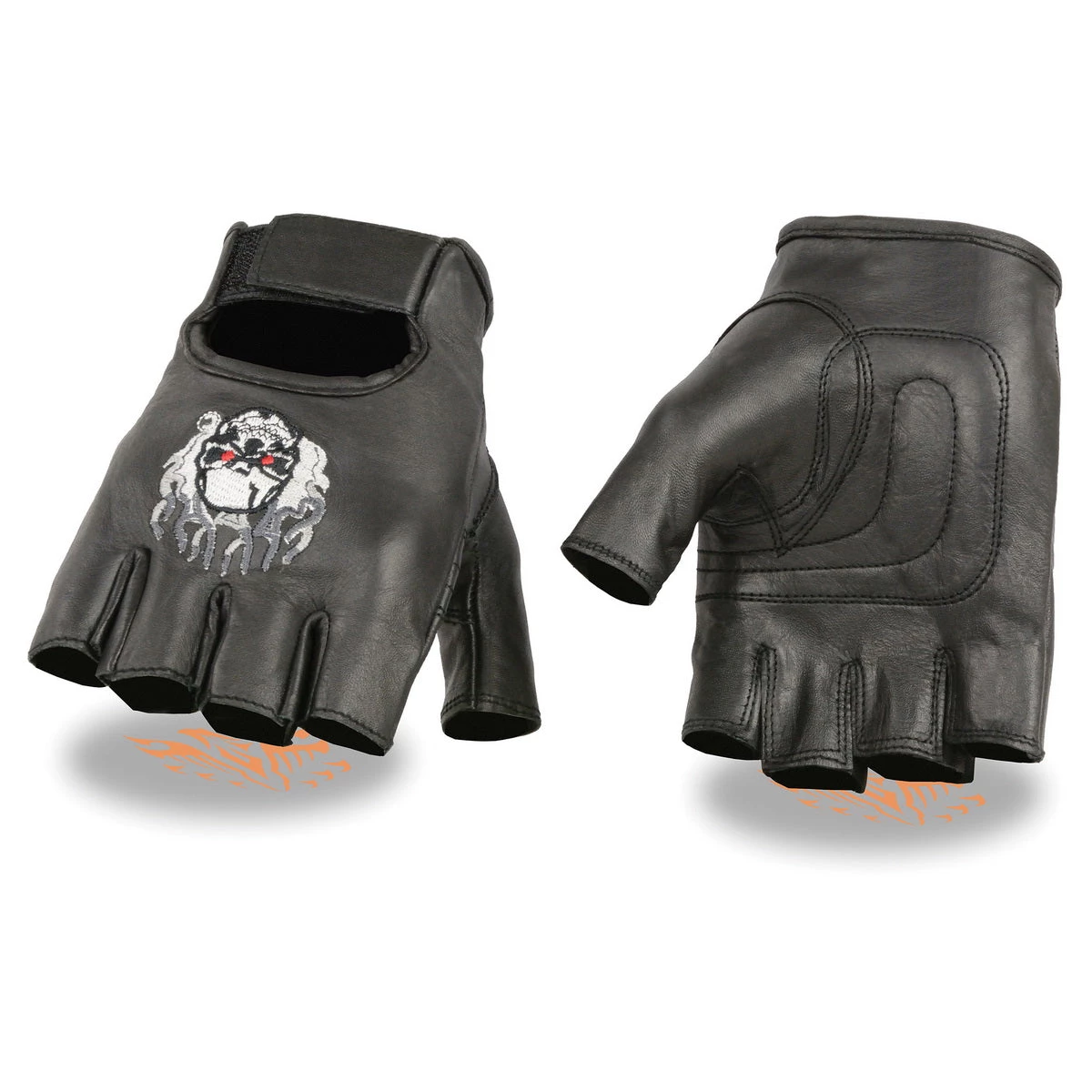 Xelement XG351 Men's Black 'Fire Skull' Embroidered Leather Fingerless Gloves Riding Gear
