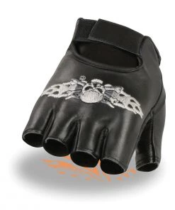 Xelement XG353 Men's Black'Skull' Embroidered Leather Fingerless Gloves