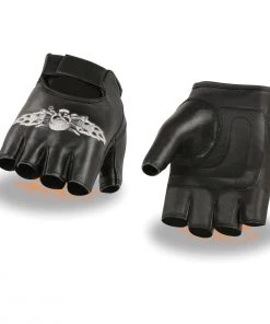 Xelement XG353 Men's Black 'Skull' Embroidered Leather Fingerless Gloves