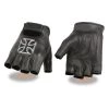 Milwaukee Leather SH354 Men's 'Iron Cross' Black Leather Fingerless Gloves Riding Gear