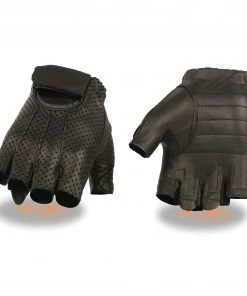 Milwaukee Leather SH357 Men's Black Perforated Leather Fingerless Gloves With Gel Palm
