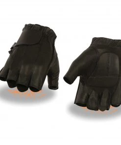 Milwaukee Leather SH442 Men's Black Leather Full Panel Fingerless Gloves With Gel Palm Riding Gear