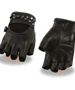 Milwaukee Leather SH461 Ladies 'Studded' Black Leather Fingerless Gloves With Gel Palms Riding Gear