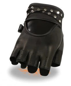 Milwaukee Leather SH461 Ladies'Studded' Black Leather Fingerless Gloves With Gel Palms Riding Gear