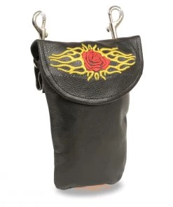 Riding Gear Milwaukee Leather SH506EF Black Leather Belt Bag With Rose And Thorns Embroidery