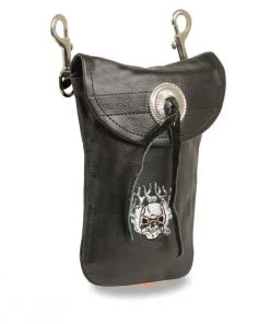 Milwaukee Leather SH506FS Black Leather Belt Bag With Flaming Skull Embroidery And Concho Riding Gear