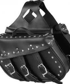 Xelement X-551ZB Zip Off Chrome Studded Black PVC Three Strap Motorcycle Saddlebags Riding Gear