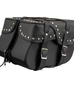 Milwaukee Leather SH645ZB Black 2-Strap PVC Zip Off Throw Over Motorcycle Saddlebags With Chrome Studs Riding Gear