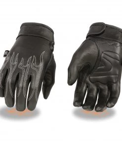 Riding Gear Milwaukee Leather SH820 Men's 'White Flames' Leather Cruising Gloves With Gel Palm