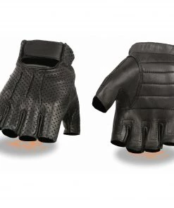 Milwaukee Leather SH877 Men's Black Perforated Deerskin Fingerless Gloves With Gel Palm Riding Gear