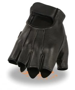 Milwaukee Leather SH878 Men's Black Welted Deerskin Fingerless Gloves With Gel Palm