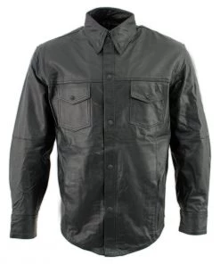 Milwaukee Leather Conceal Carry Leather King SH908 Men's Black Button-Down Lambskin Leather Shirt