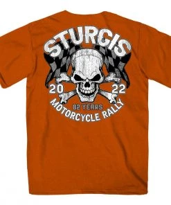 Hot Leathers Riding Gear 2022 Sturgis Motorcycle Rally SPB1011 Men’s Skull And Checkered Flag Orange T Shirt