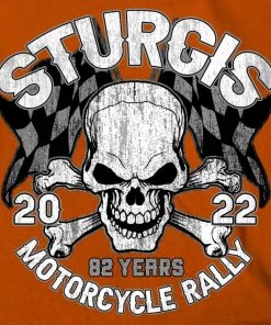 Hot Leathers Riding Gear 2022 Sturgis Motorcycle Rally SPB1011 Men’s Skull And Checkered Flag Orange T Shirt