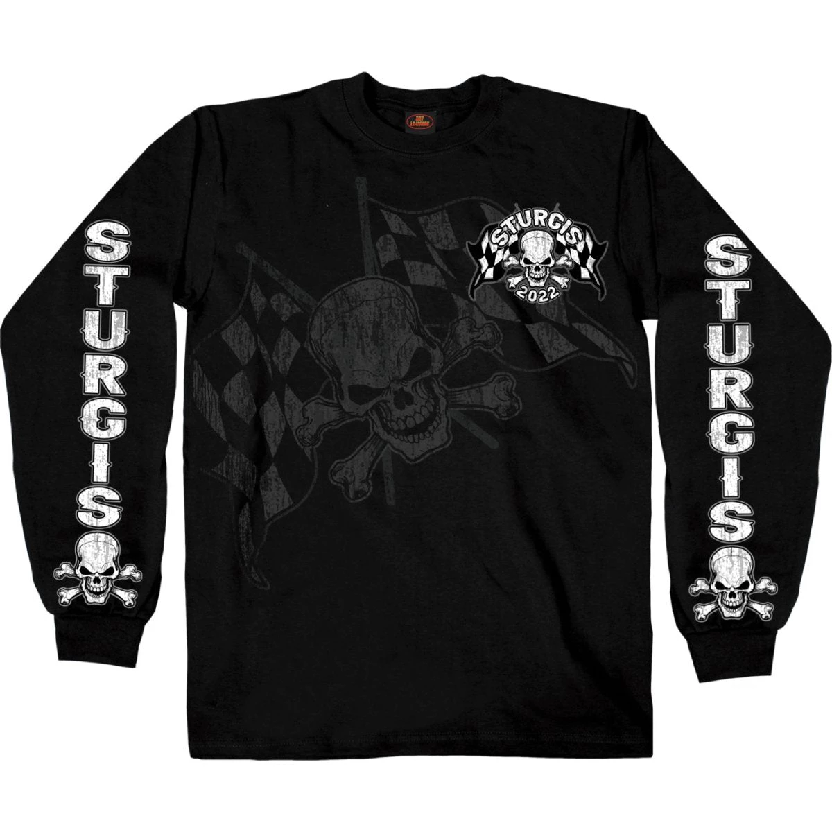Hot Leathers Riding Gear 2022 Sturgis Motorcycle Rally SPB2009 Men's Black Skull And Checkered Flag Long Sleeve