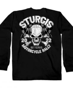 Hot Leathers Riding Gear 2022 Sturgis Motorcycle Rally SPB2009 Men's Black Skull And Checkered Flag Long Sleeve