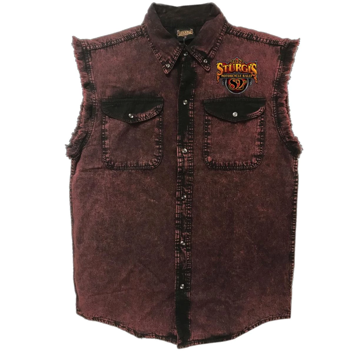 Hot Leathers 2022 Sturgis Motorcycle Rally SPB5038 Buffalo Crazy Men's Sleeveless Rust Dye Denim Shirt