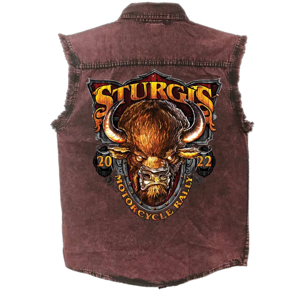Hot Leathers 2022 Sturgis Motorcycle Rally SPB5038 Buffalo Crazy Men's Sleeveless Rust Dye Denim Shirt