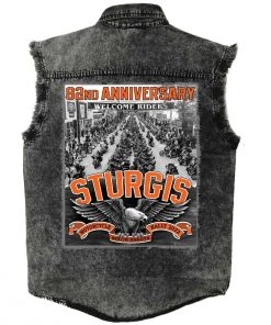 Hot Leathers 2022 Sturgis Motorcycle Rally SPB5041 Main Street Photo Men's Sleeveless Charcoal Dye Denim Shirt Sleveless Denim Shirts