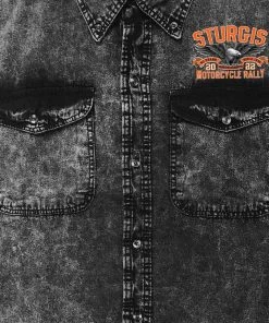 Hot Leathers 2022 Sturgis Motorcycle Rally SPB5041 Main Street Photo Men's Sleeveless Charcoal Dye Denim Shirt Sleveless Denim Shirts