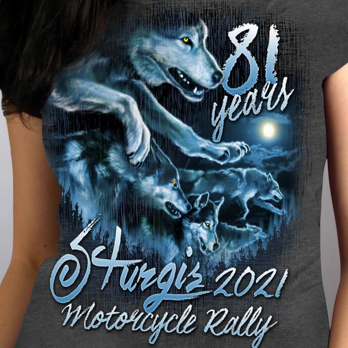Hot Leathers Official 2021 Sturgis Motorcycle Rally SPL1738 Ladies Heather Dark Grey Wolf Pack T Shirt Riding Gear