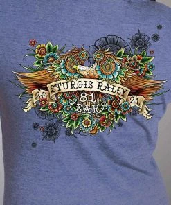 Hot Leathers Official 2021 Sturgis Motorcycle Rally SPL1741 Ladies Heather Blue Tattoo Eagle T Shirt Riding Gear
