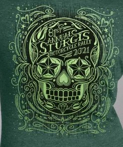 Hot Leathers Official 2021 Sturgis Motorcycle Rally SPL1744 Ladies Heather Dark Green Sugar Skull T Shirt
