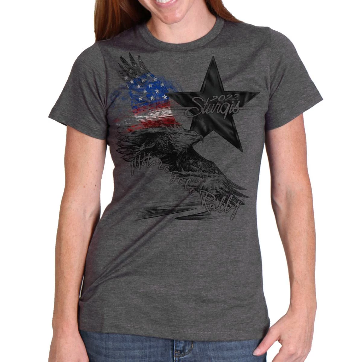 Hot Leathers 2022 Sturgis Motorcycle Rally SPL1791 Ladies Heather Charcoal Pencil Eagle Patriotic T Shirt