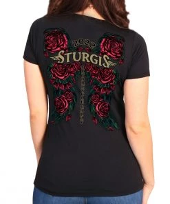 Hot Leathers Riding Gear 2022 Sturgis Motorcycle Rally SPL1793 Ladies Black Rose Wings T Shirt