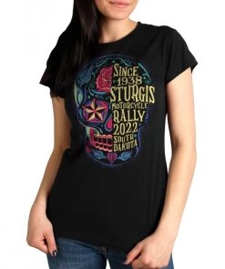 Hot Leathers Riding Gear 2022 Sturgis Motorcycle Rally SPL1794 Ladies Black Half Sugar Skull T Shirt